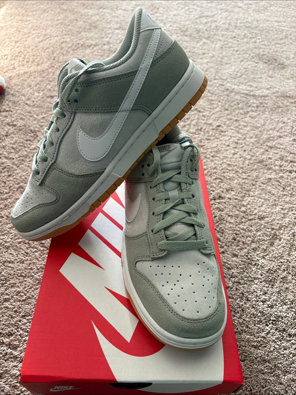 Nike Dunk Low in Sage Green and White with Gum Outsole men’s size 9
